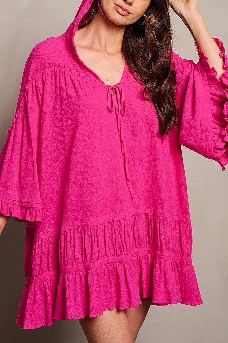 3/4 ruffle sleeve v-neck tiered hooded tunic top (EGWT1780)