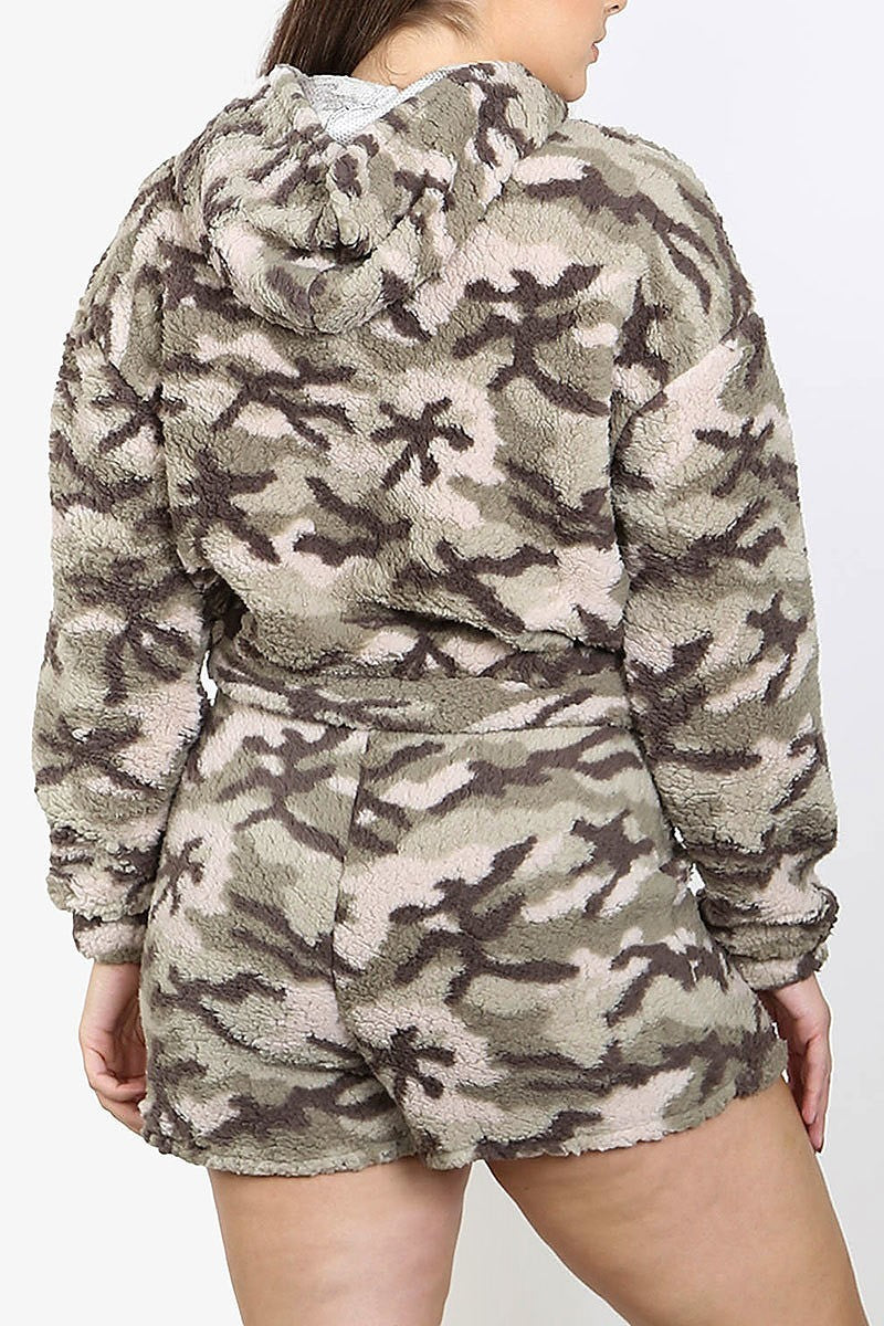 Camo print sherpa top and shorts set (XDG7354)