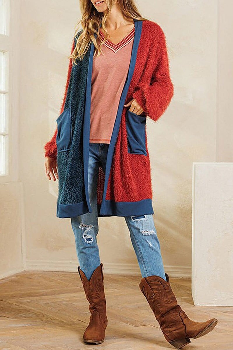 Long sleeve pockets colorblock cardigan (EDWT8613)