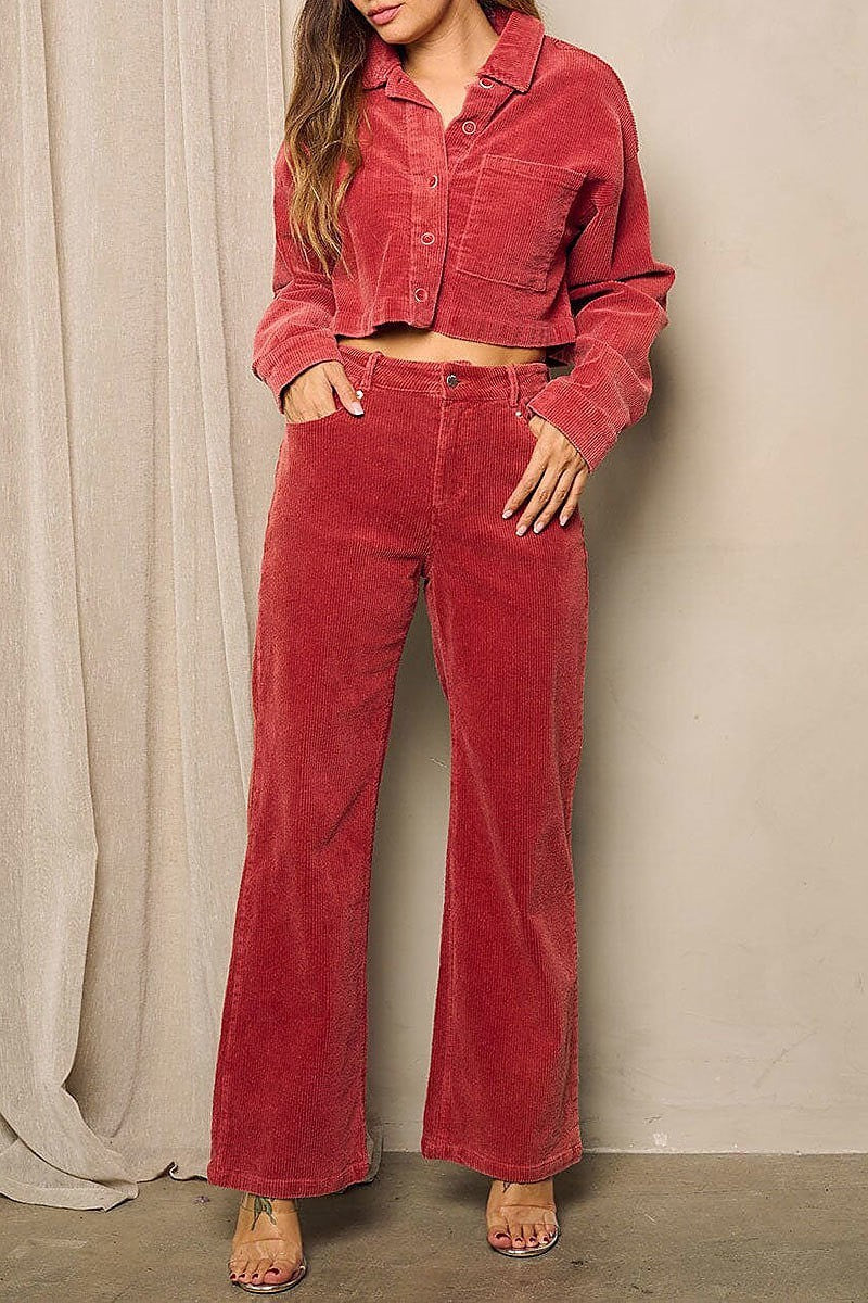 Long sleeve button up top & pants corduroy set (EFWT4876)