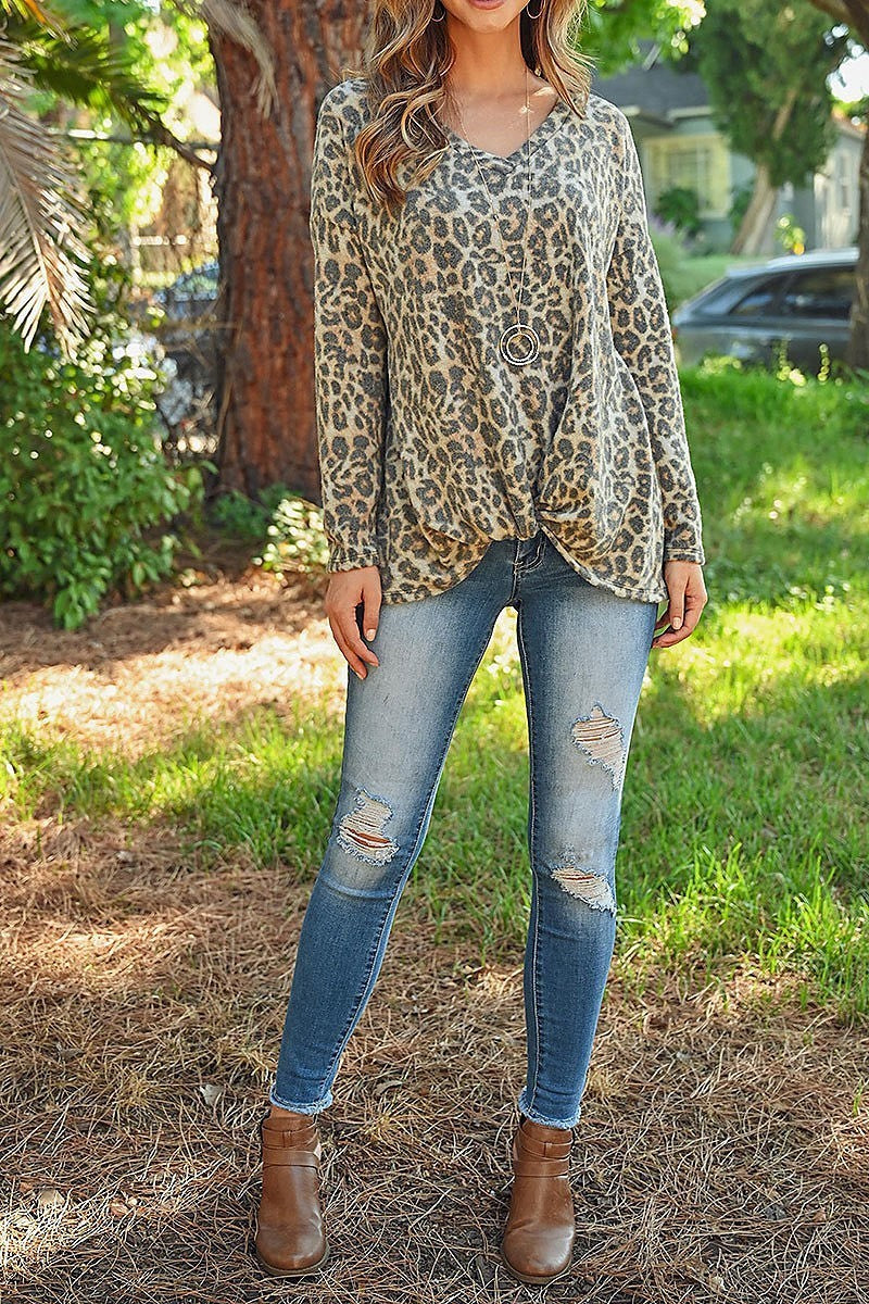 Brushed long sleeve v neck leopard knot top (ED8358-1)