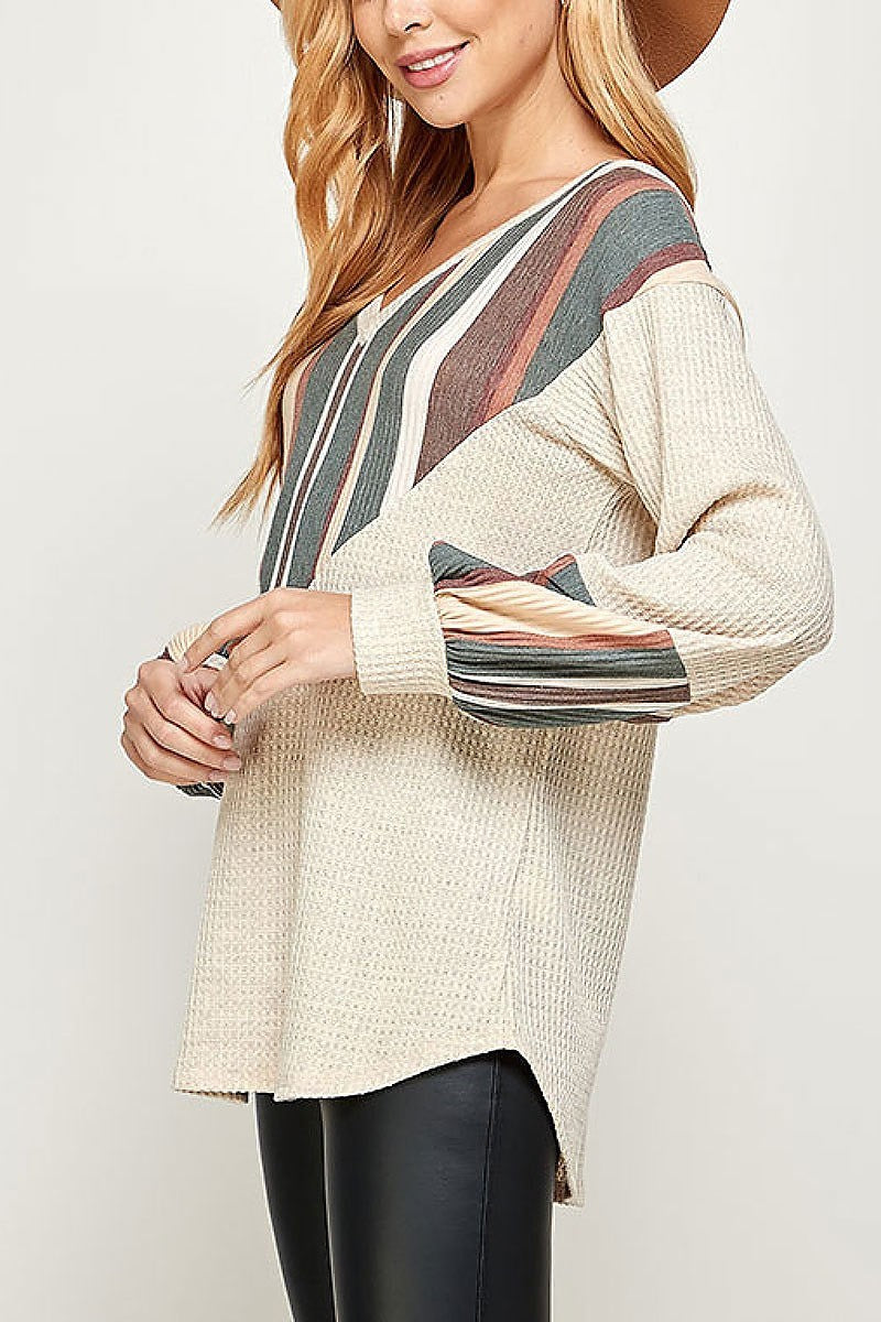 Stripe color block bubble sleeve top (EF2373)