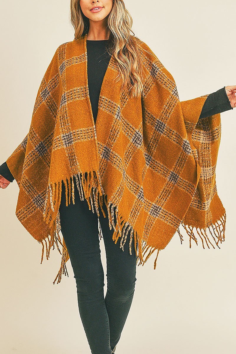 Fringe detail plaid pattern ruana kimono (DGS5732)