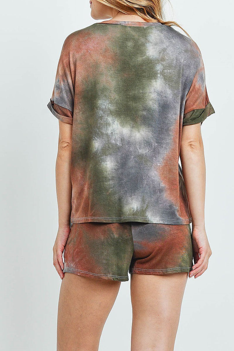 Tie dye roll up sleeve top and short set (ED9188-1)