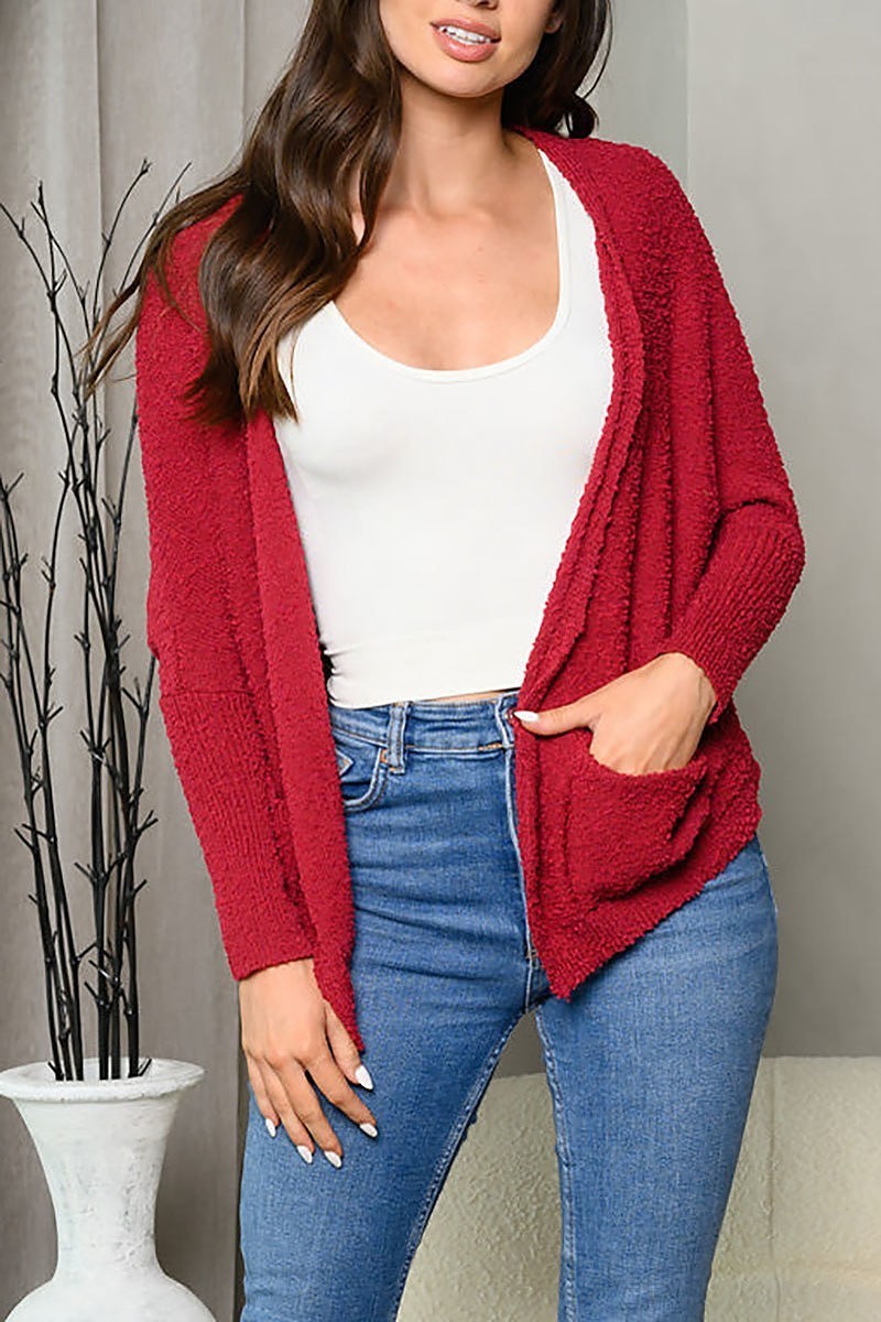 Long sleeve front pockets open cardigan (EDWT7328)