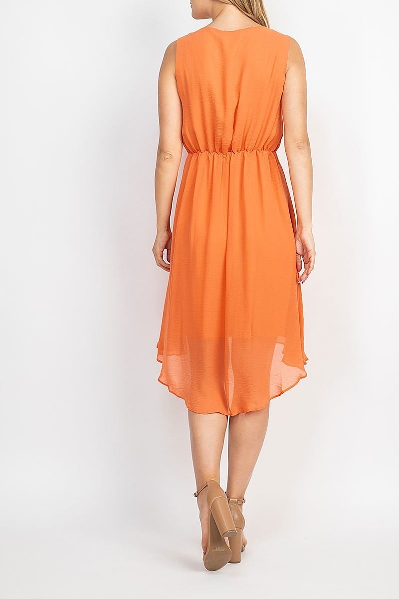 V neck twist waist flared hi lo dress (DED6849)