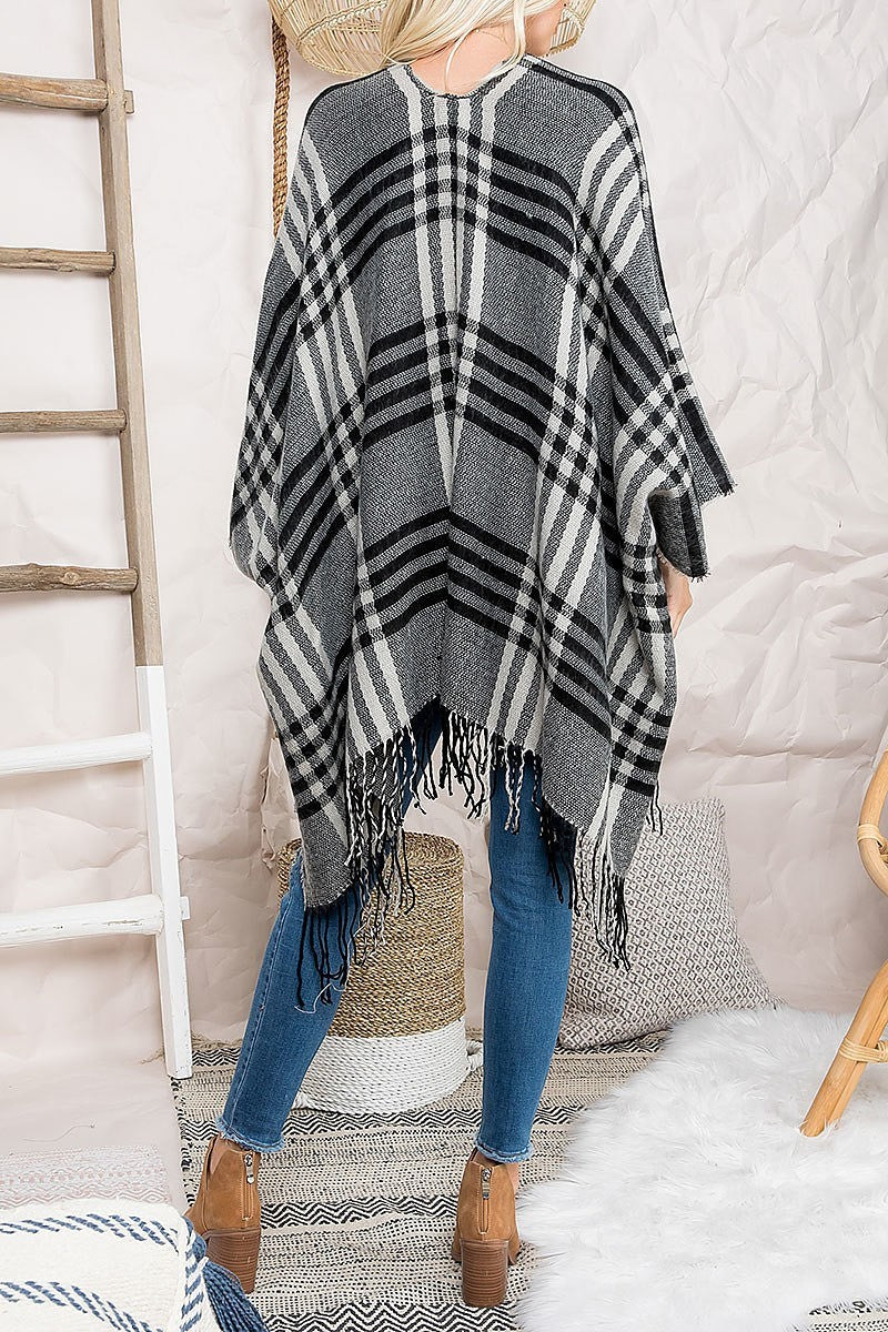 Plaid open front fringe ruana kimono (DGS5471-1)