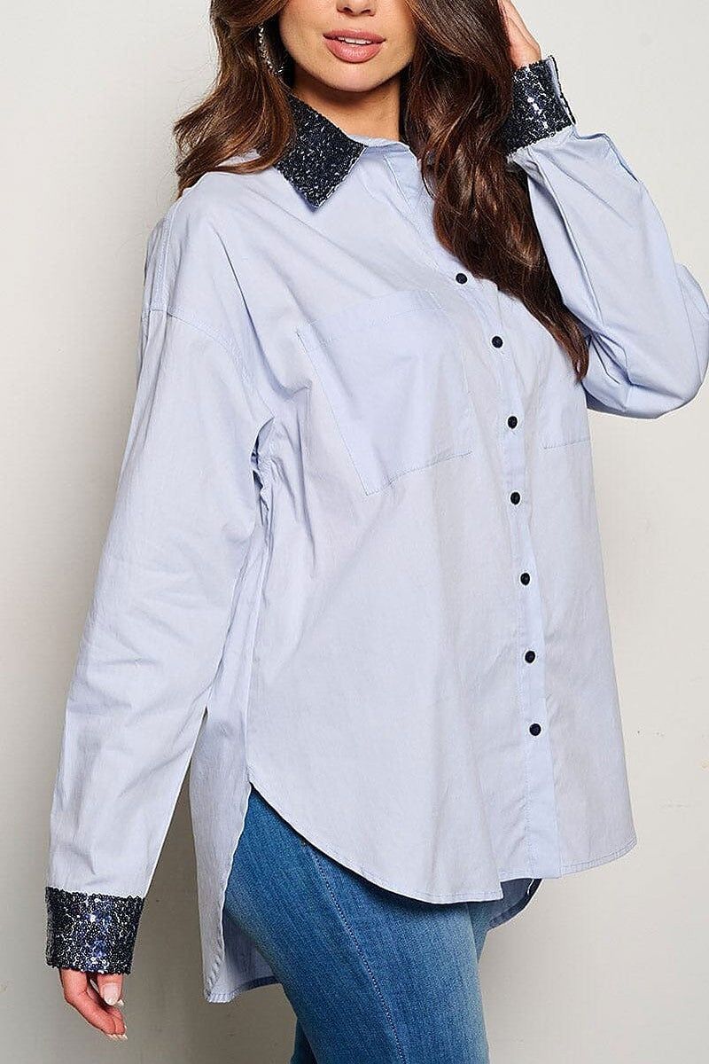 Long sleeve button up sequins graphic blouse top (EGWT1134)