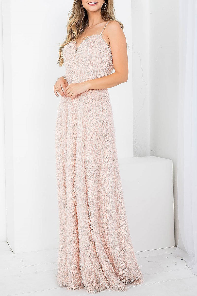 Sweetheart neck furry maxi dress (DED7484)