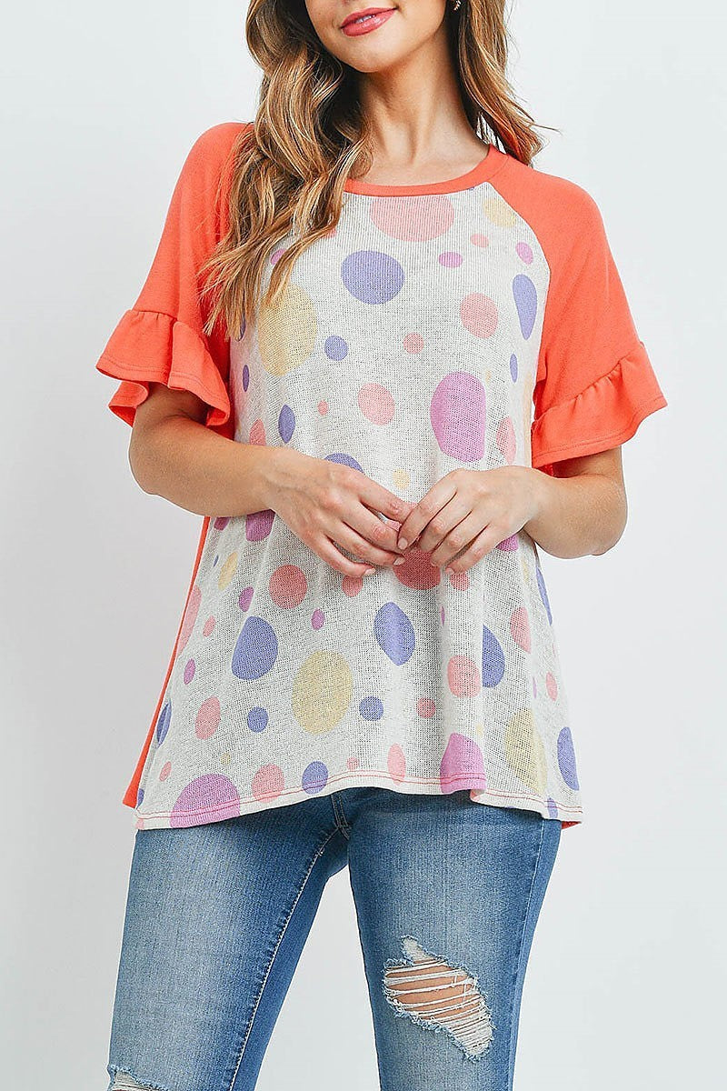 Ruffle raglan sleeves multi color polka dot top (ED9645)