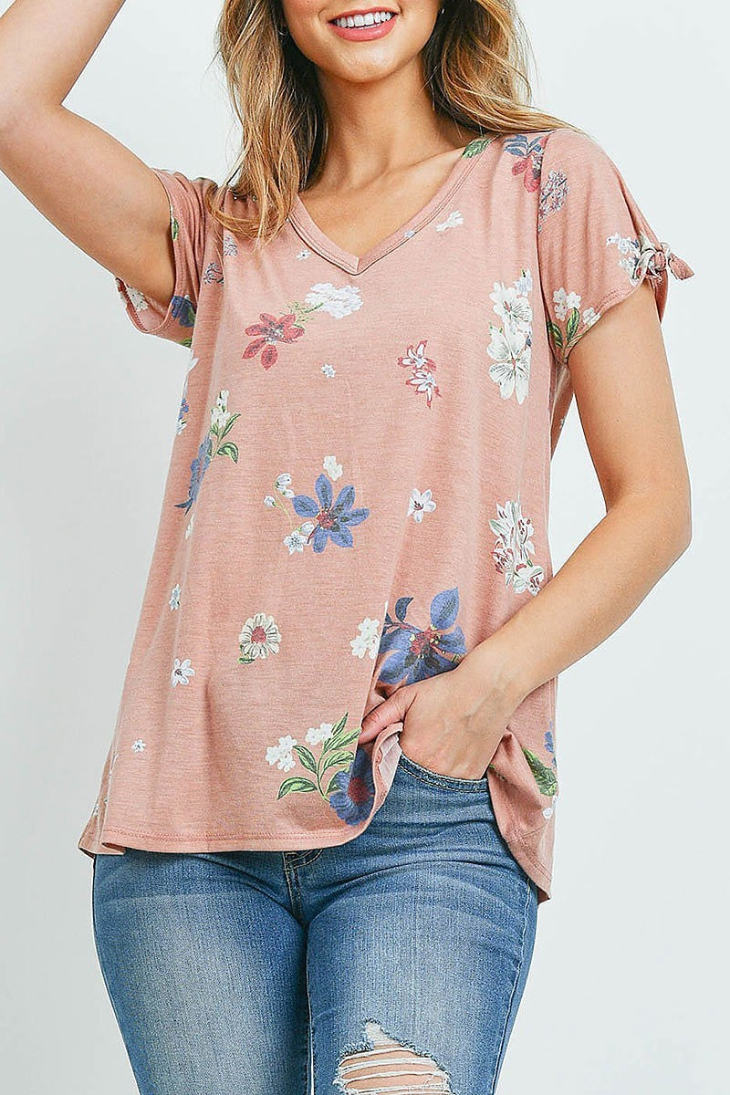 V neck floral print tie sleeve top (ED9346-1)