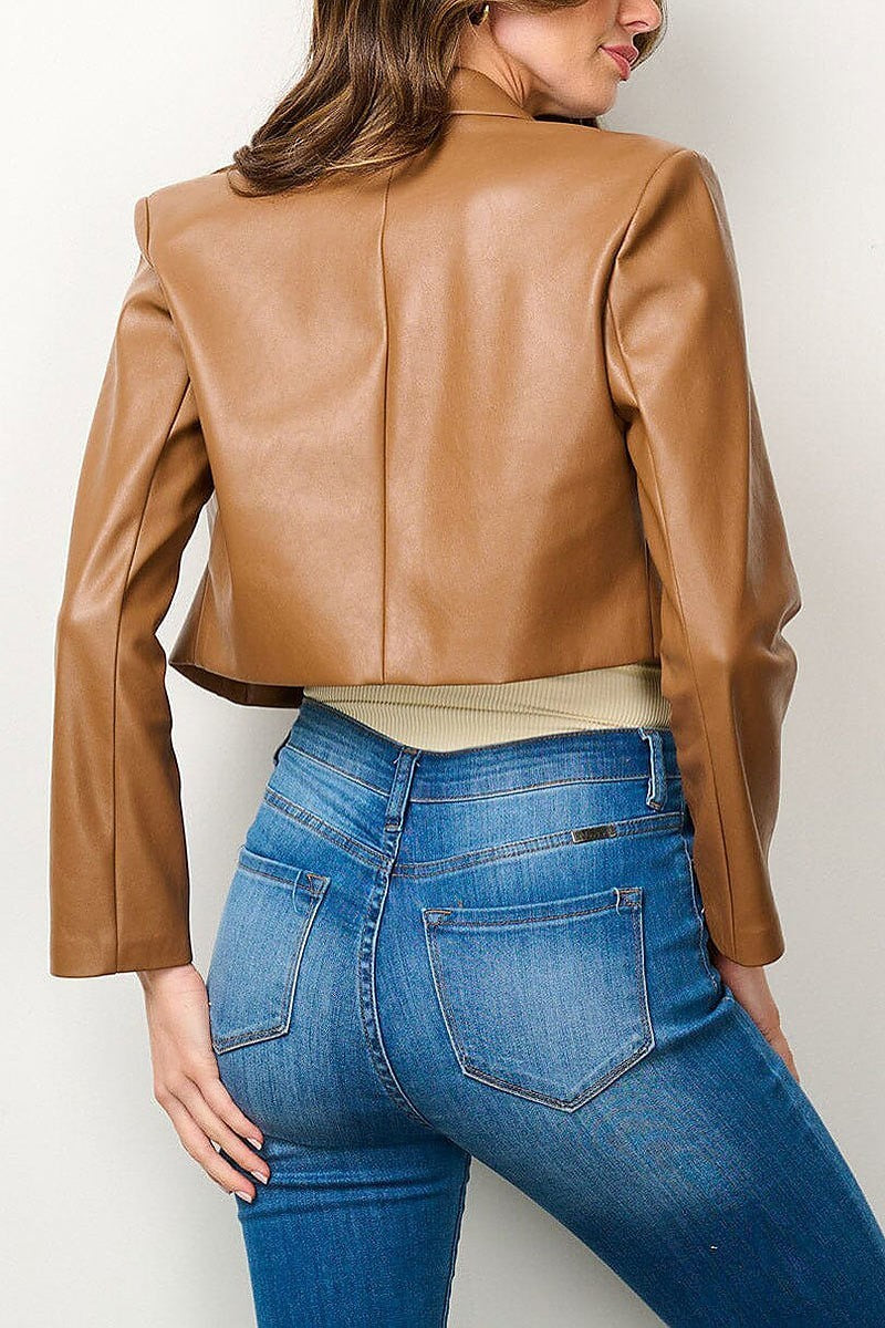 Long sleeve button closure pu pleather crop blazer (EFWT6943)