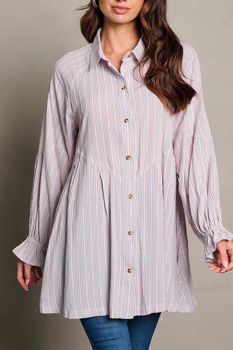 Long sleeve stripes button up tunic blouse top (EGWT2050)