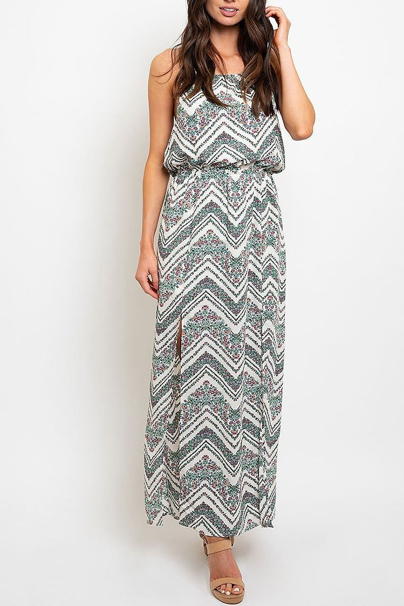 Chevron floral print slit detail maxi dress (EDWT2268)