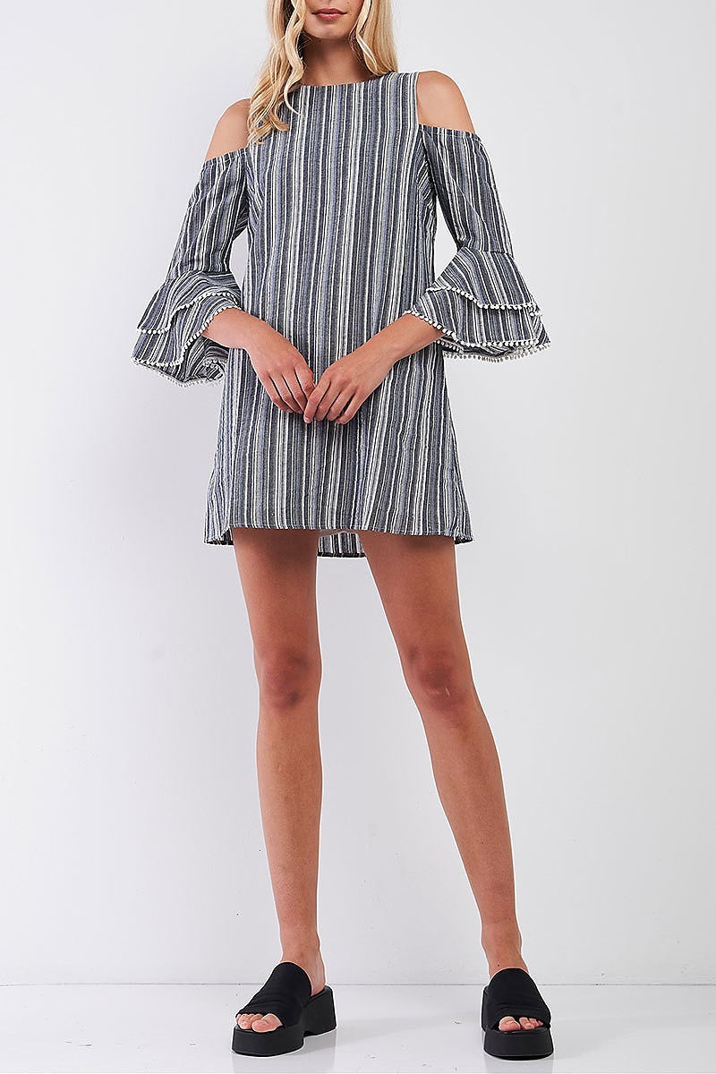 Cutout shoulder ruffle sleeve stripe mini dress (TDG8781)