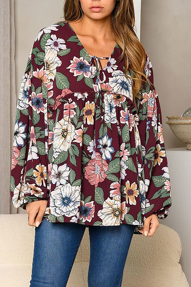 Long sleeve front tie floral print tunic top (EDWT8417)