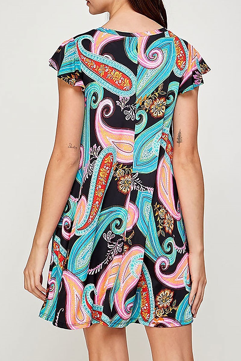 Ruffle detail pocket multi paisley print dress (DED6408)