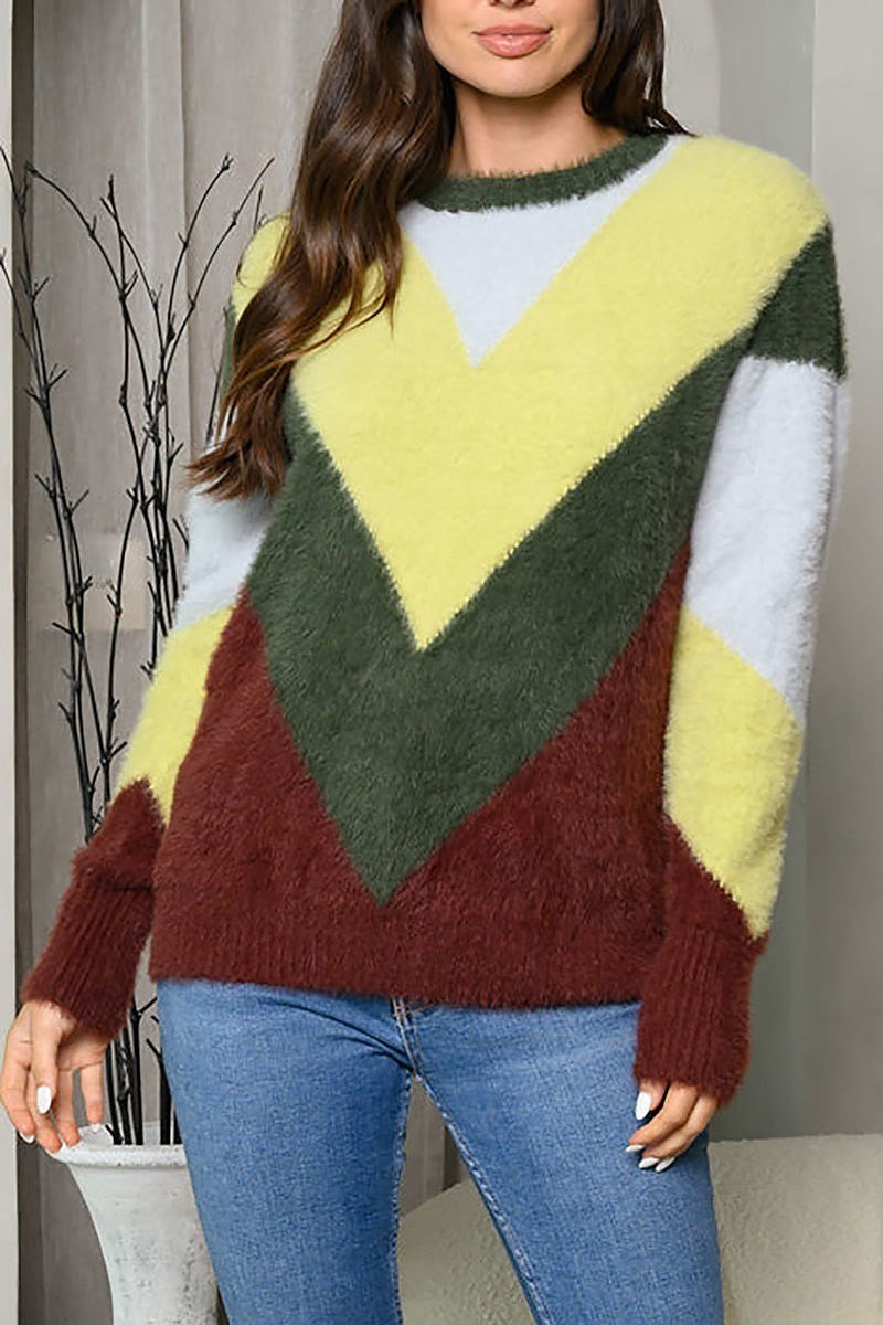 Long sleeve chevron fuzzy colorblock sweater (EDWT7323)