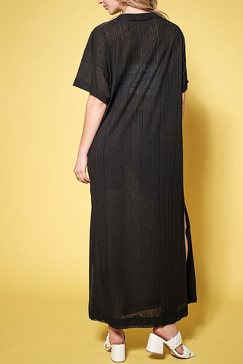 Short sleeve v-neck tunic ribbed maxi dress (EFWT9537)