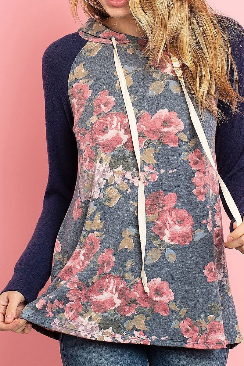 Floral hacci sleeved contrast hoodie with drawstrings (ED8158-59)