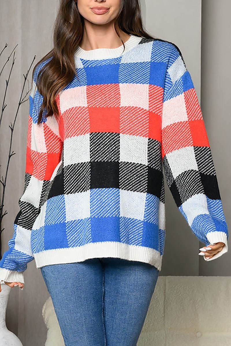 Long sleeve checker colorblock sweater (EDWT7325)