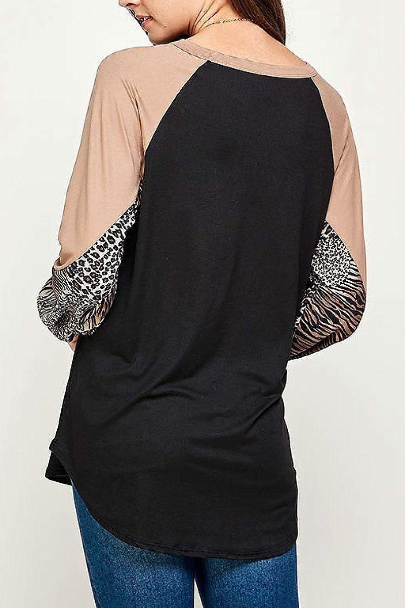 Mix animal print color block bubble sleeve top (EF2380)