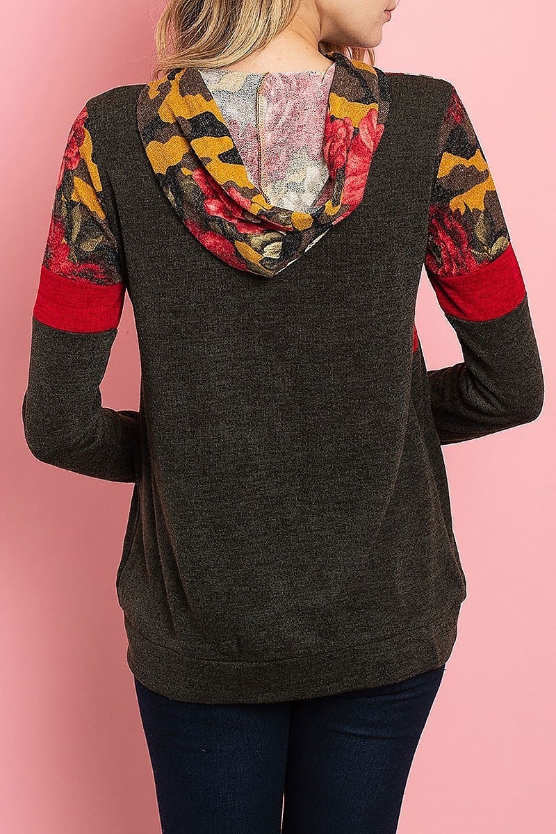 Camo floral print color block hoodie top (EF2897)