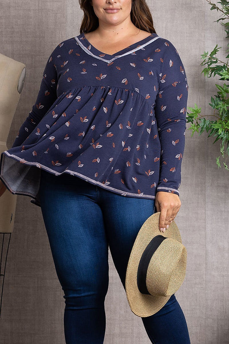 Fall leaves print baby-doll style plus size top (EDSW3399)