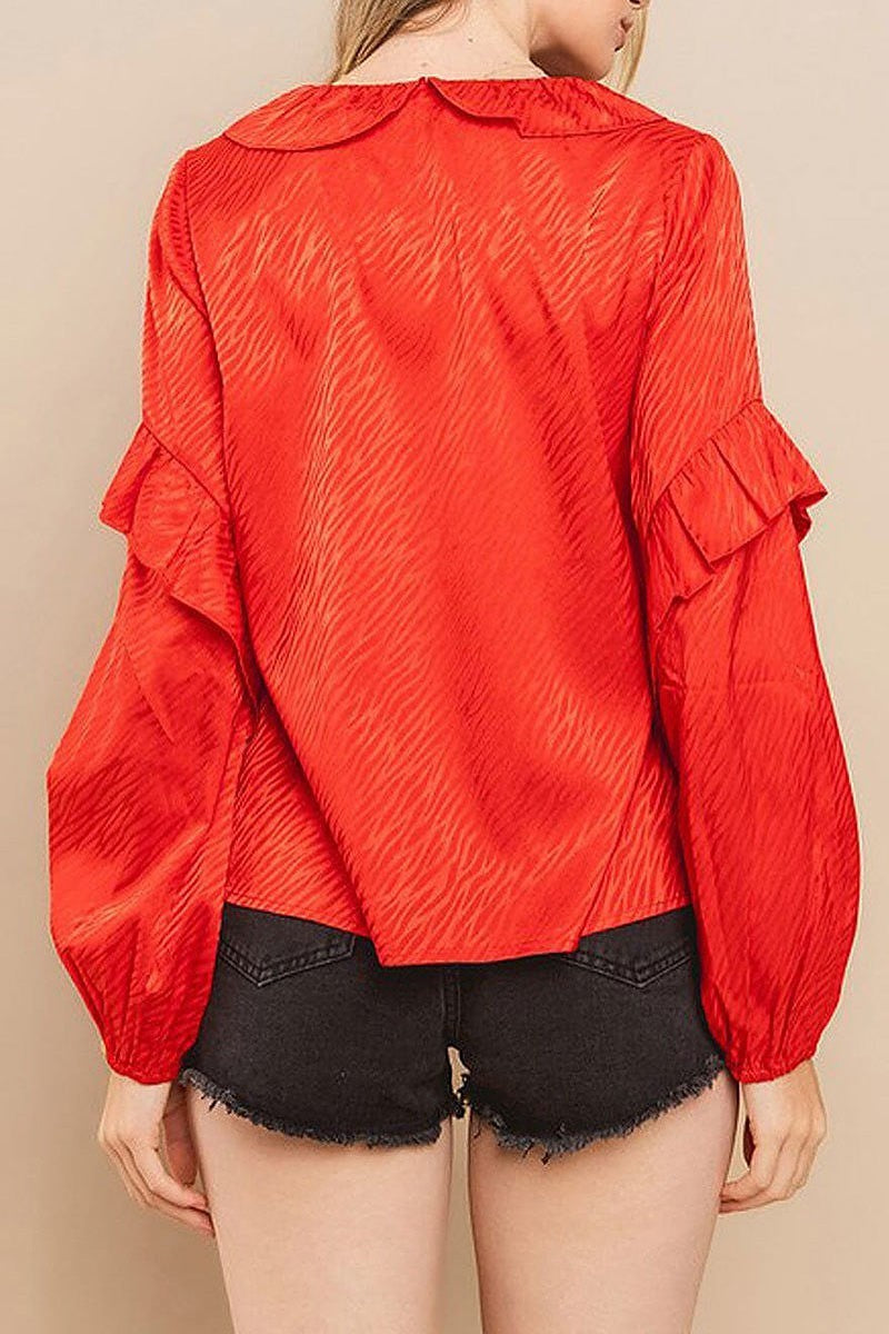 Long ruffle sleeve v-neck blouse top (EFWT8749)