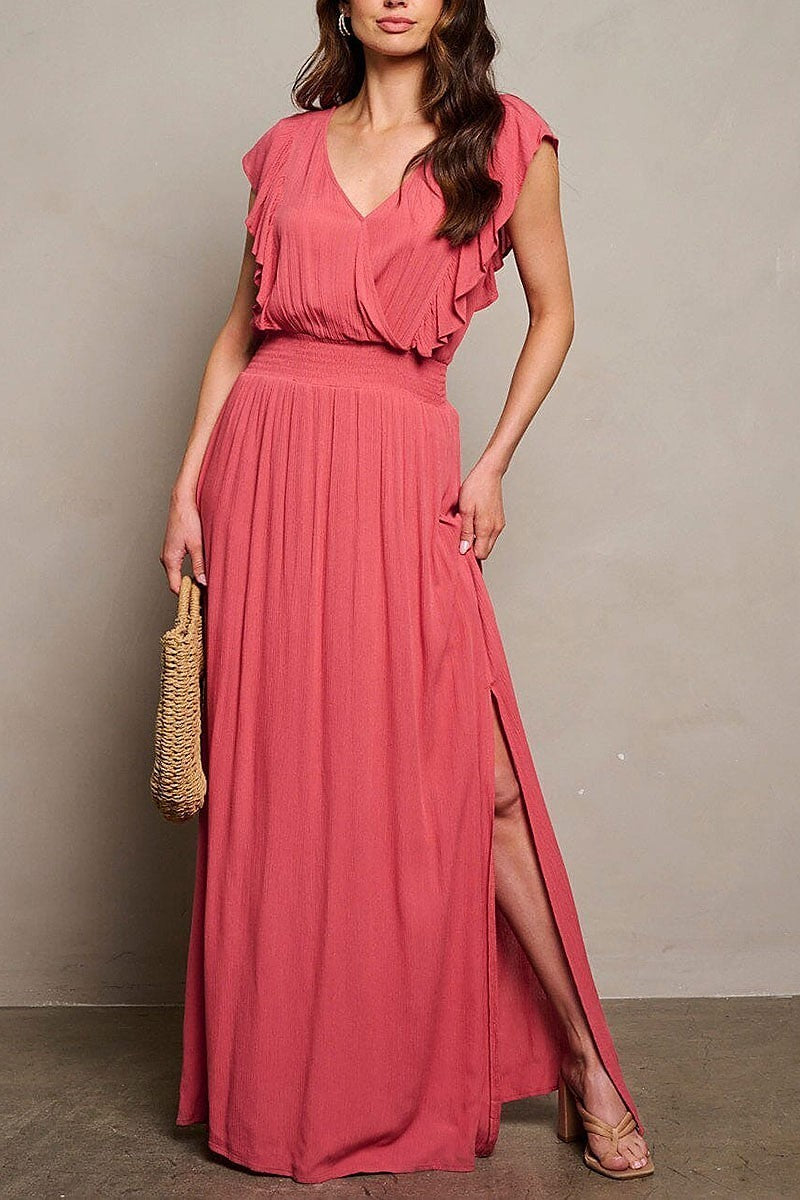 Short sleeve surplice smock waist maxi dress (EGWT1757)