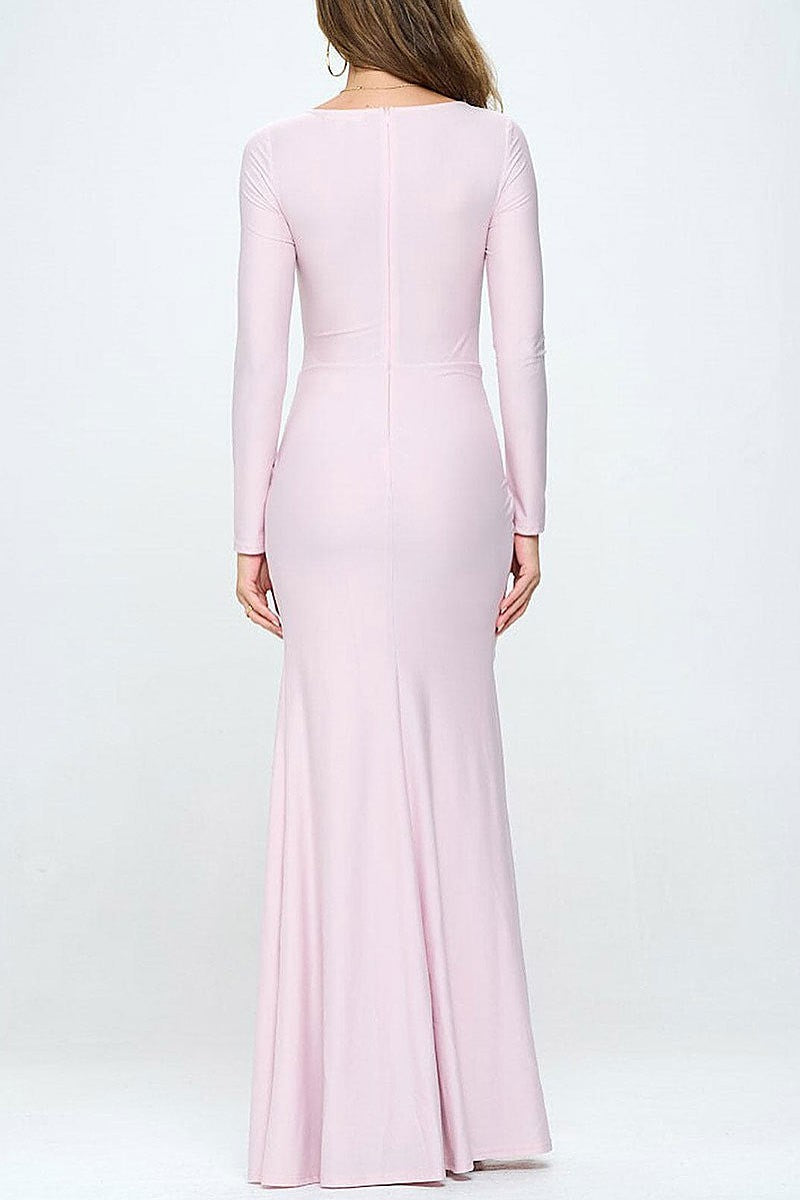 Long sleeve v-neck bodycon gown maxi dress (EFWT3466)