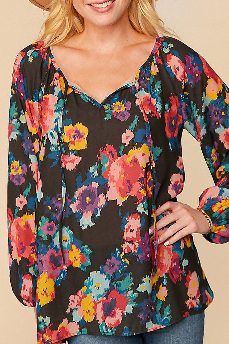 Multi floral front keyhole woven top (ETBM4024)