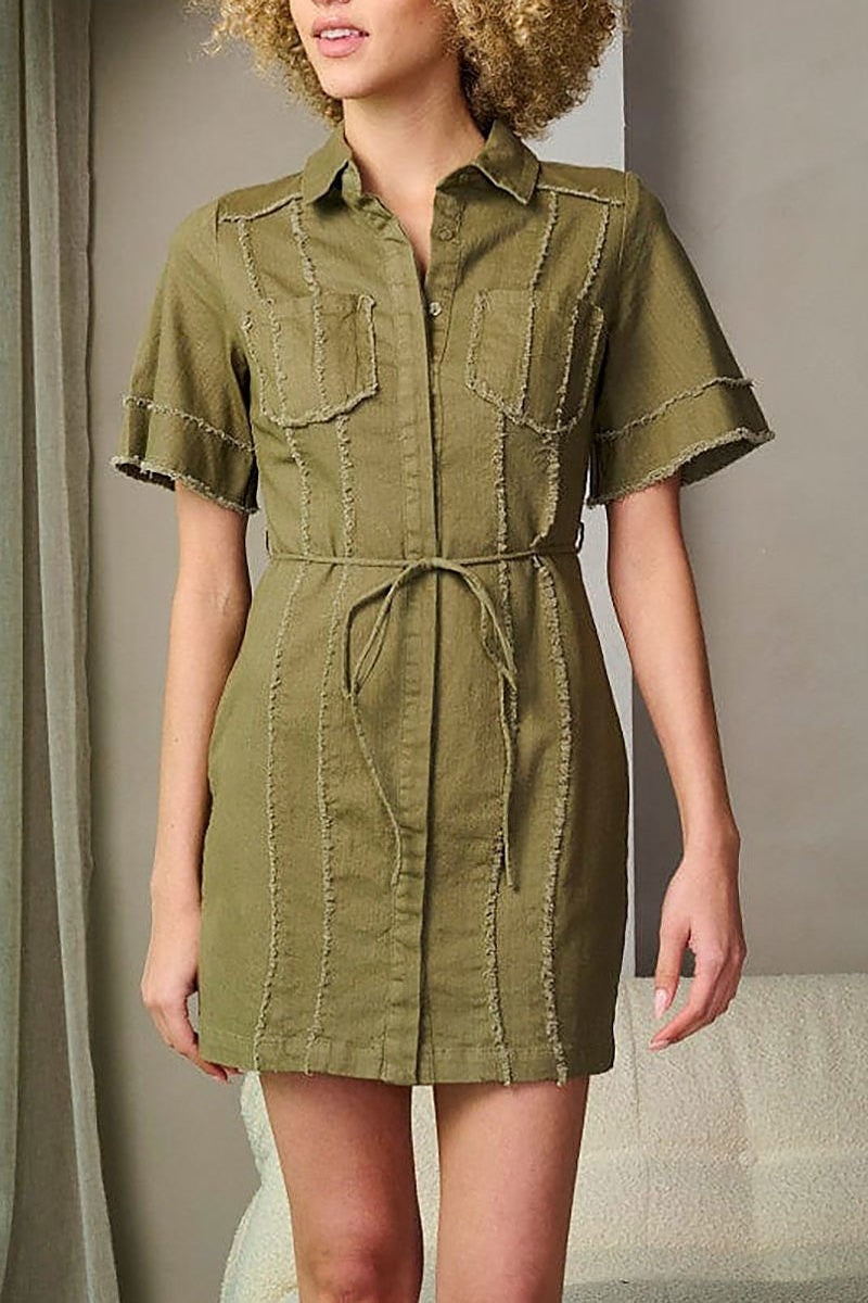 Short sleeve button up trim detailed mini dress (EFWT8332)