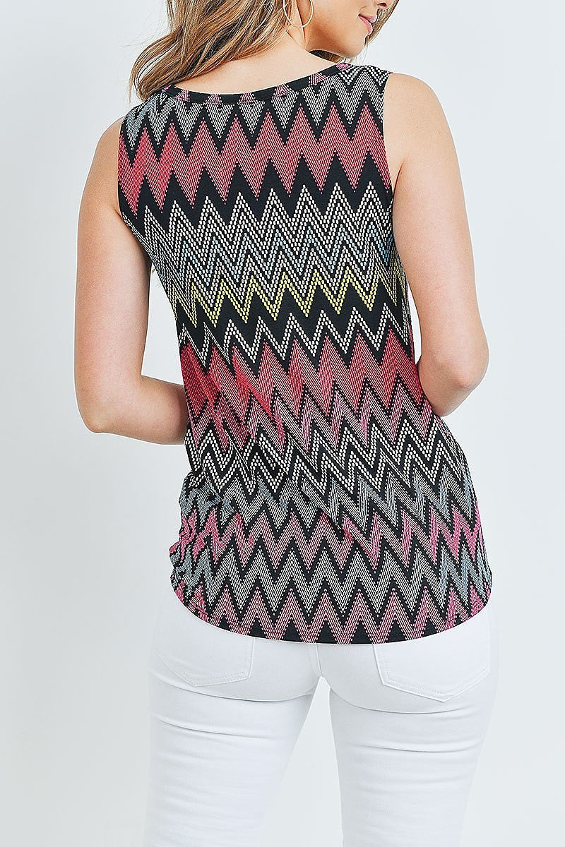 Waist tie button front chevron print top (ED8537-F2RA2)