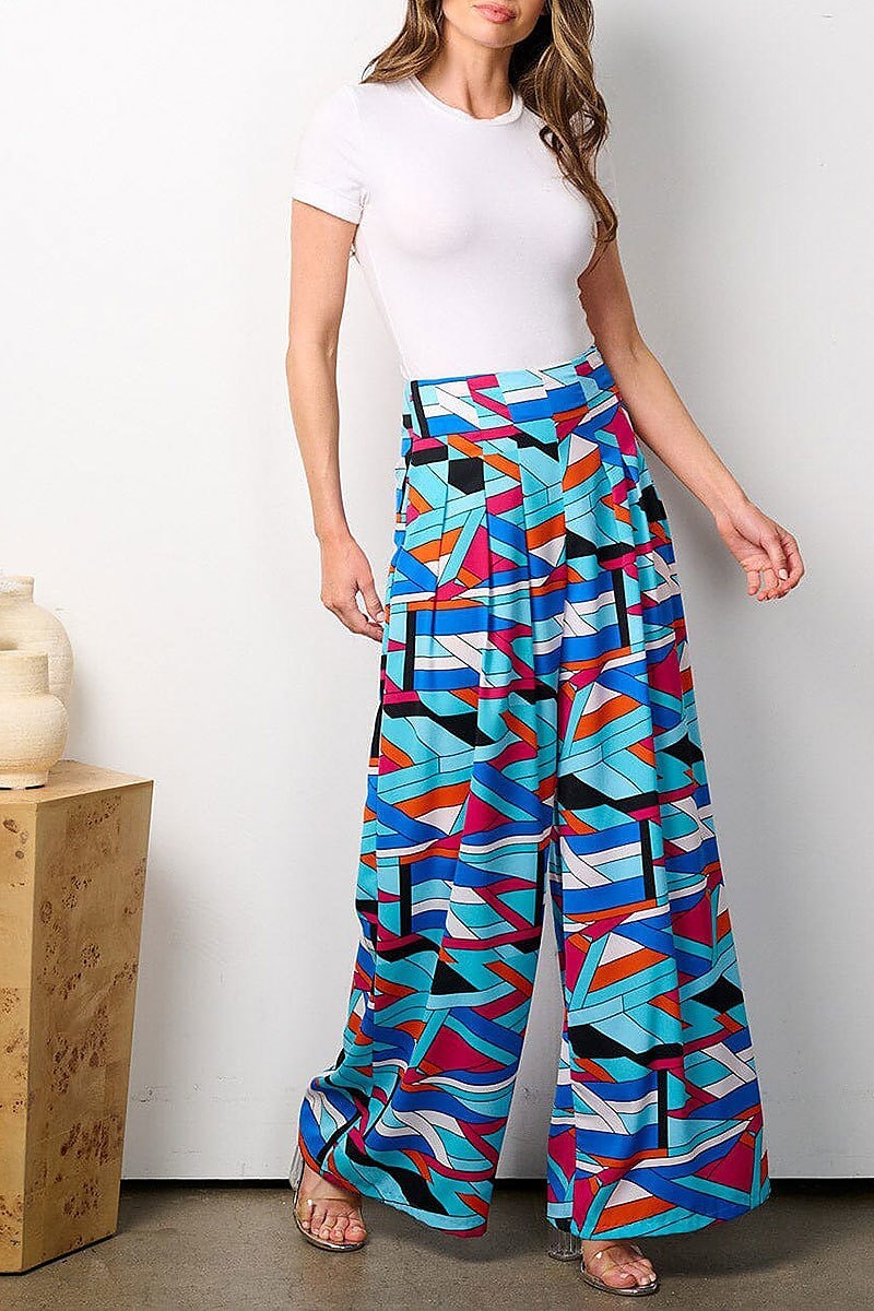 Zip up multi print wide leg palazzo pants (EFWT7765)