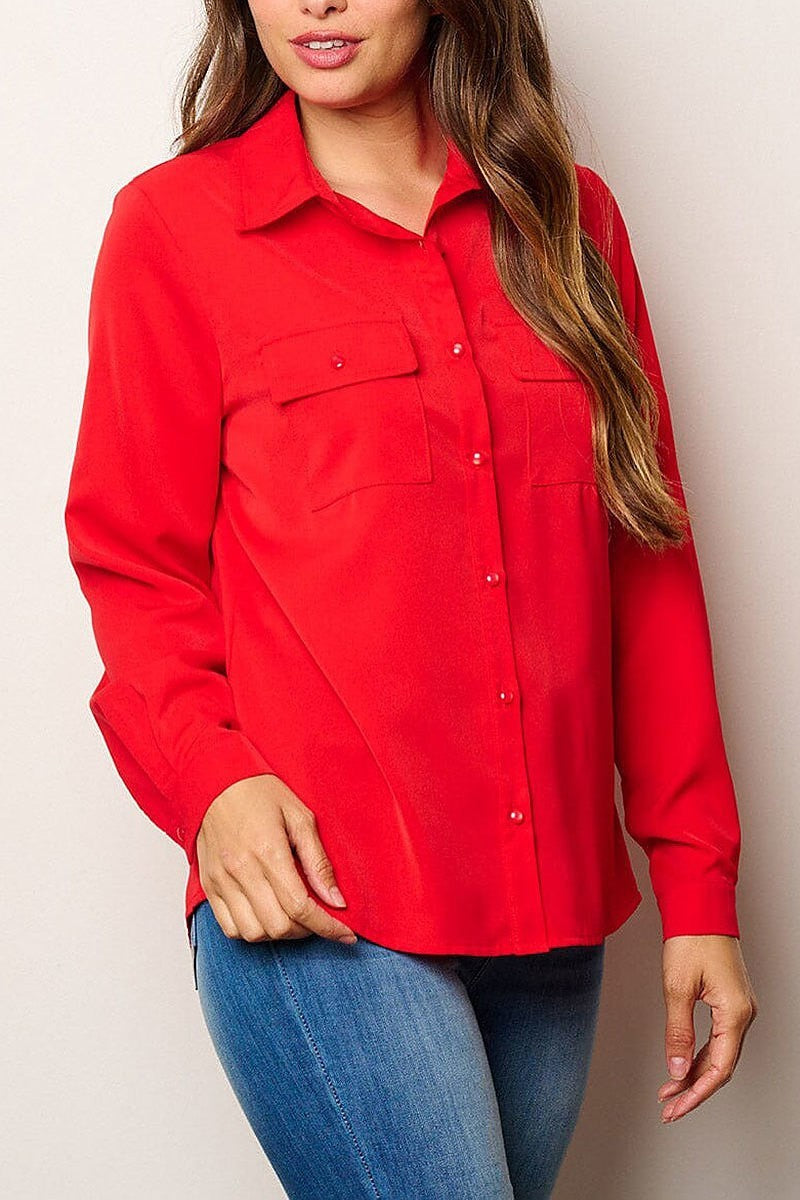 Long sleeve button up front pockets blouse top (EFWT8045)