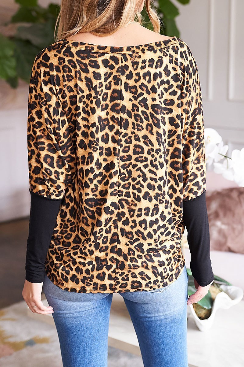 Leopard boat neck solid dolman sleeve top (EF2662)