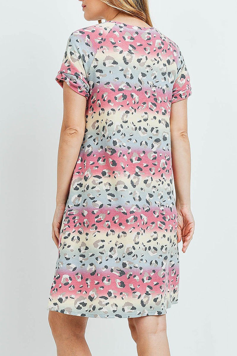 Leopard short sleeves pocket dress with side slit (DED6187)