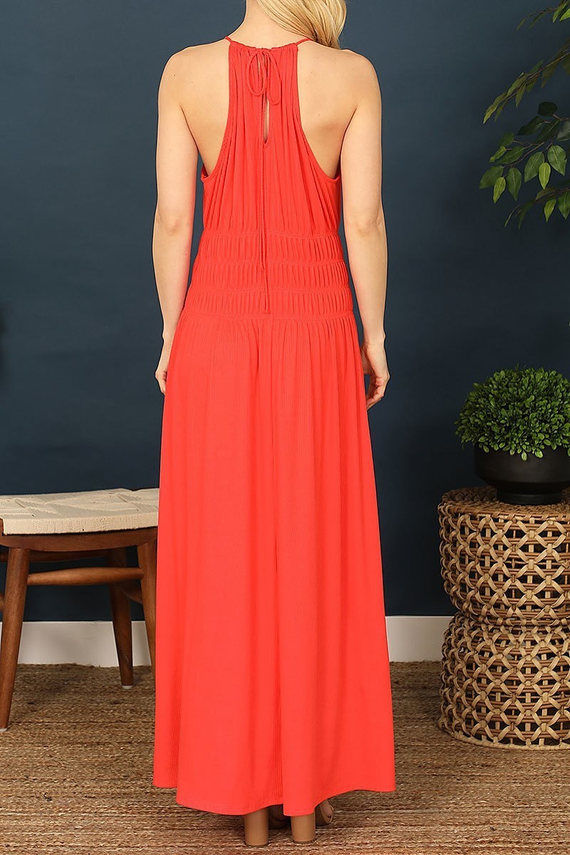 Halter neck elastic waist solid maxi dress (DED9269)