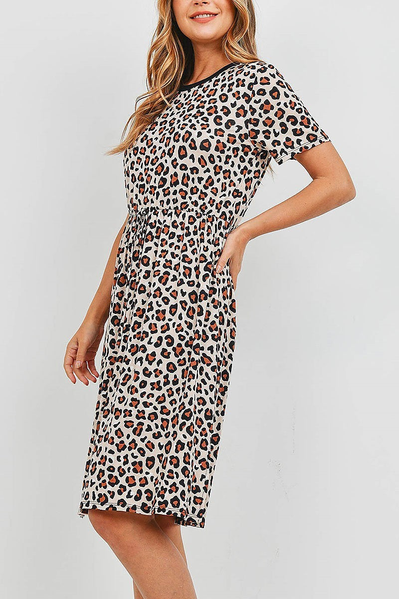 Solid neck band leopard pleated waist dress (DED6754)