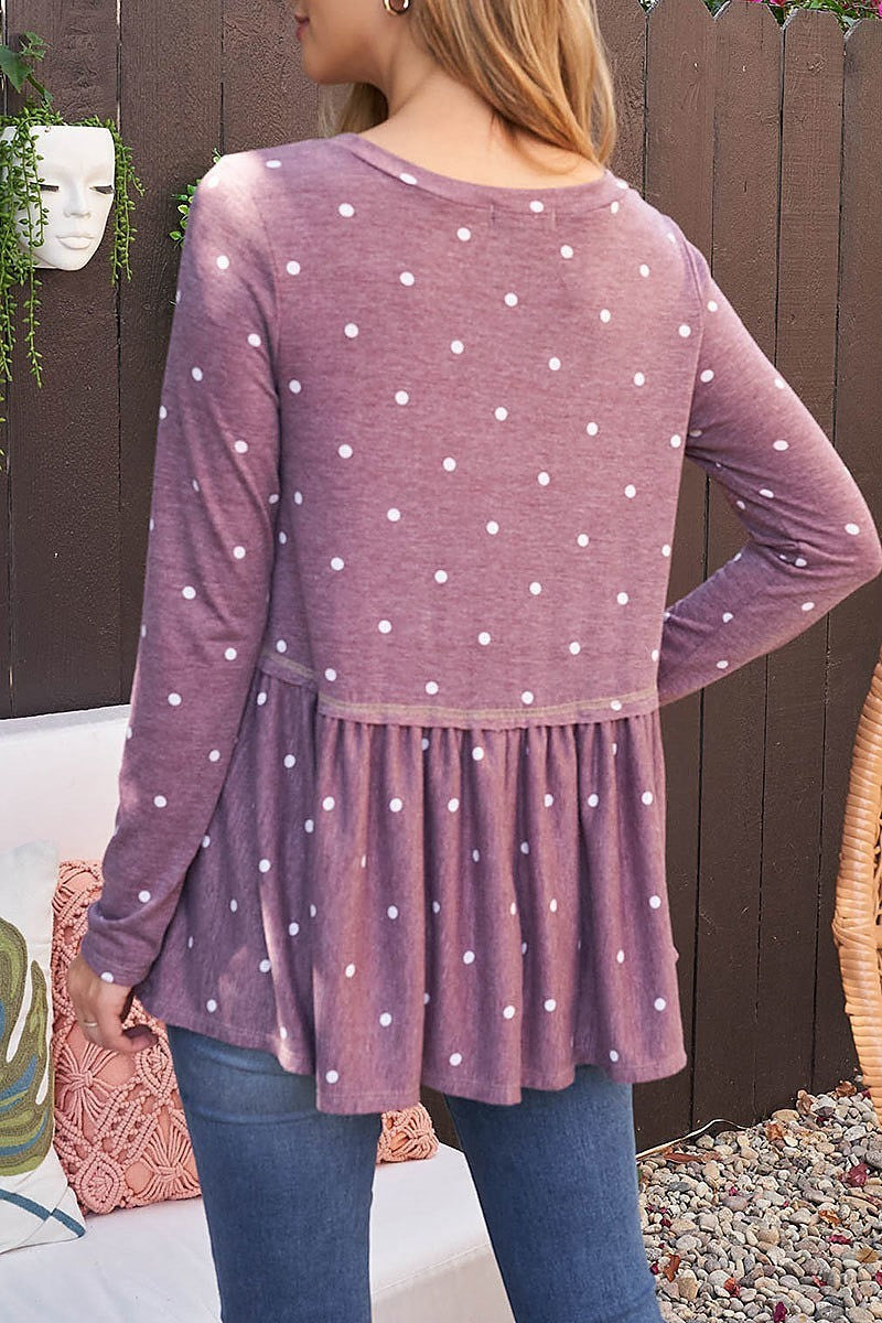 Polka dot reverse cover stitched shirring hem top (EF2406)