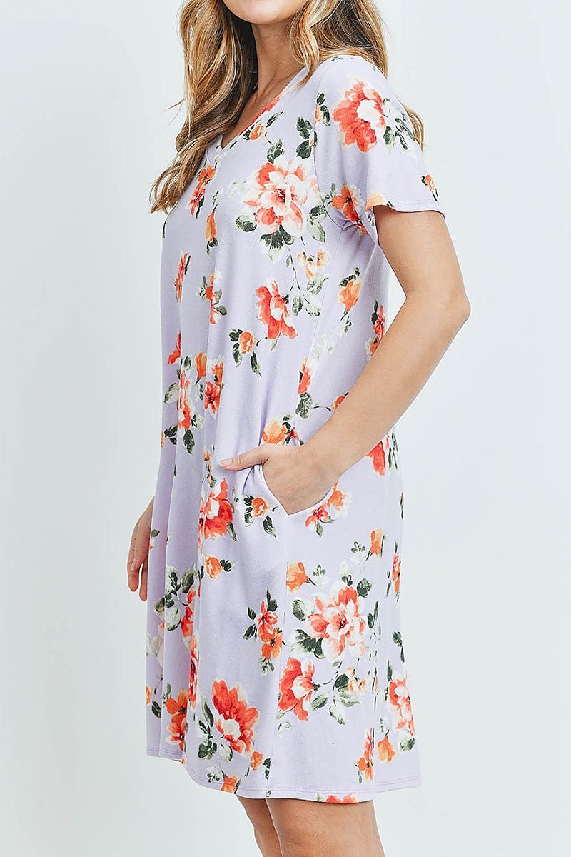 Floral short sleeves v neck on seam pocket dress (DED5983)