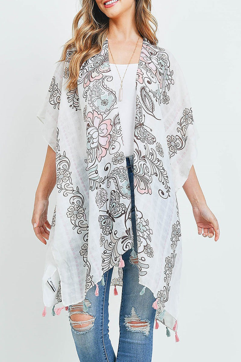 Floral print open front tassel kimono (EF1106)