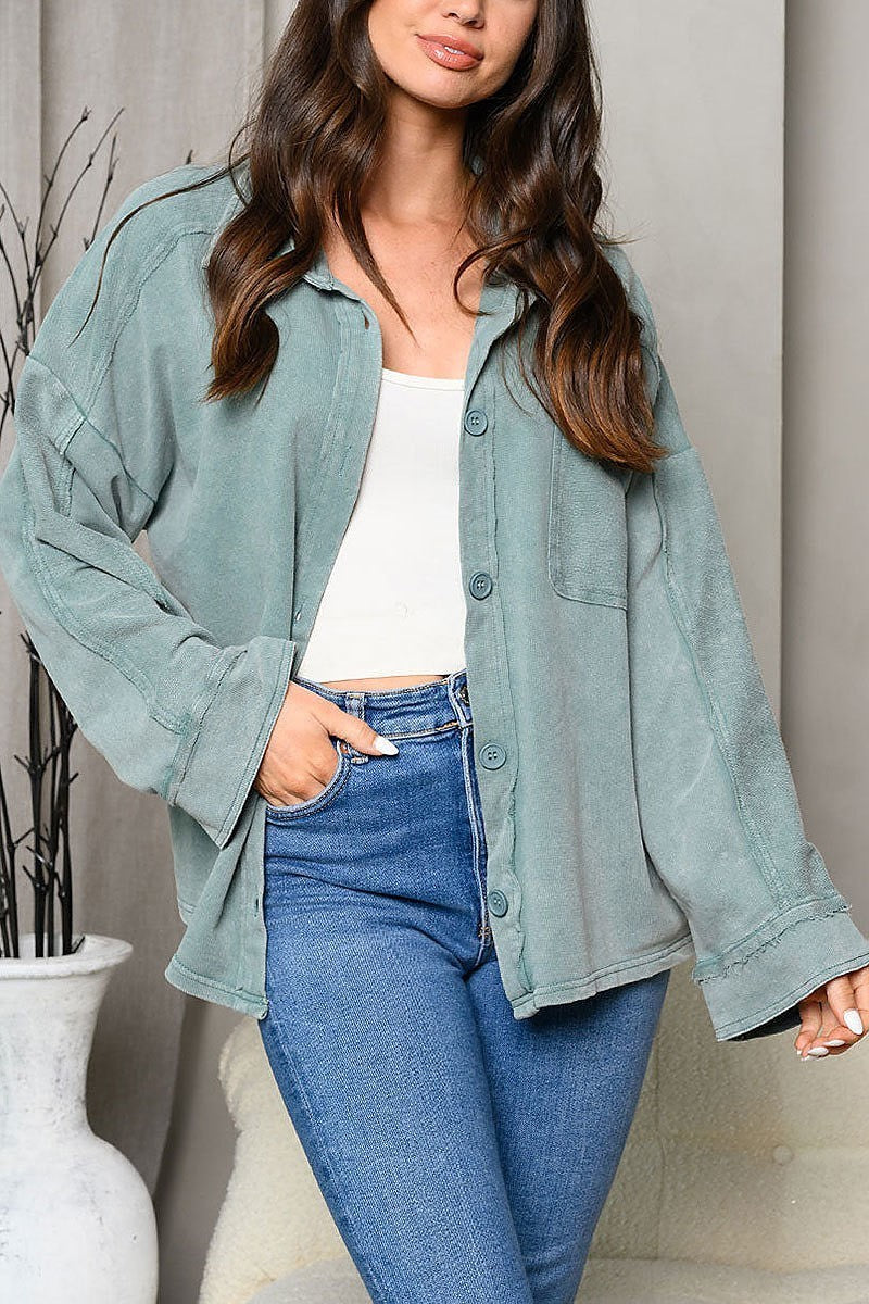 Long sleeve mineral washed button up jacket (EDWT7345)