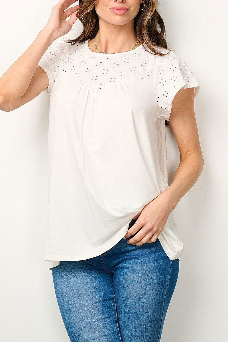 Short sleeve eyelet blouse top (EFWT7057)