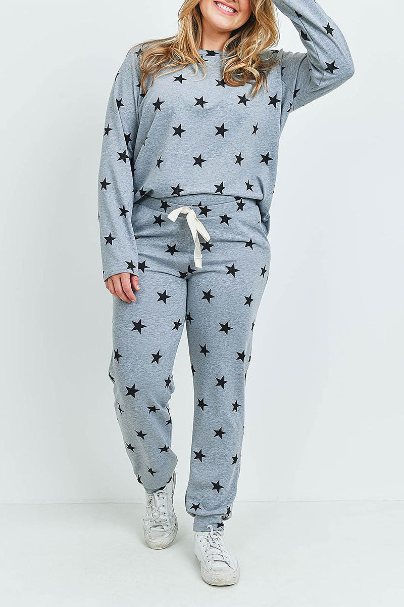 Plus size star print top and joggers set with self tie (XDG7033)