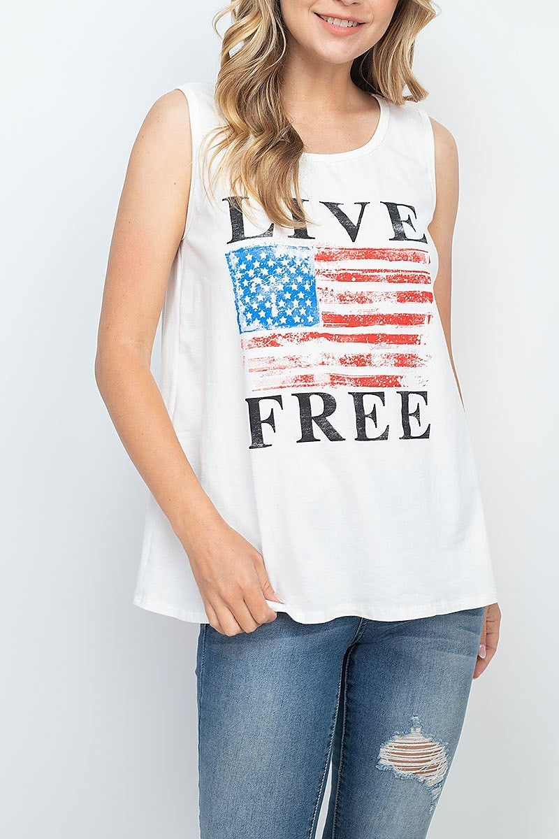 Live free usa print round neck tank top (EF1319)