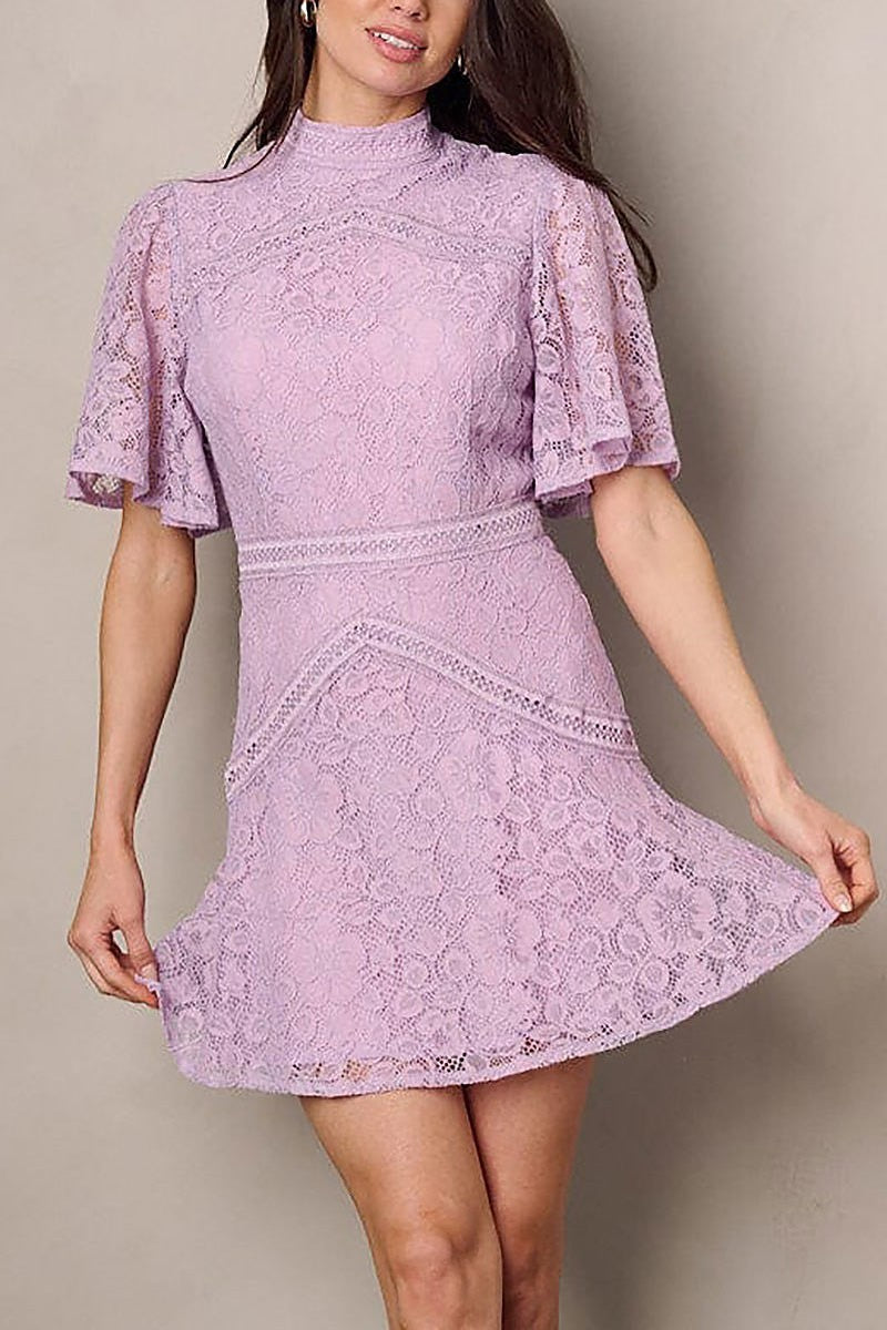 Short sleeve mock neck lace mini dress (EFWT2284)