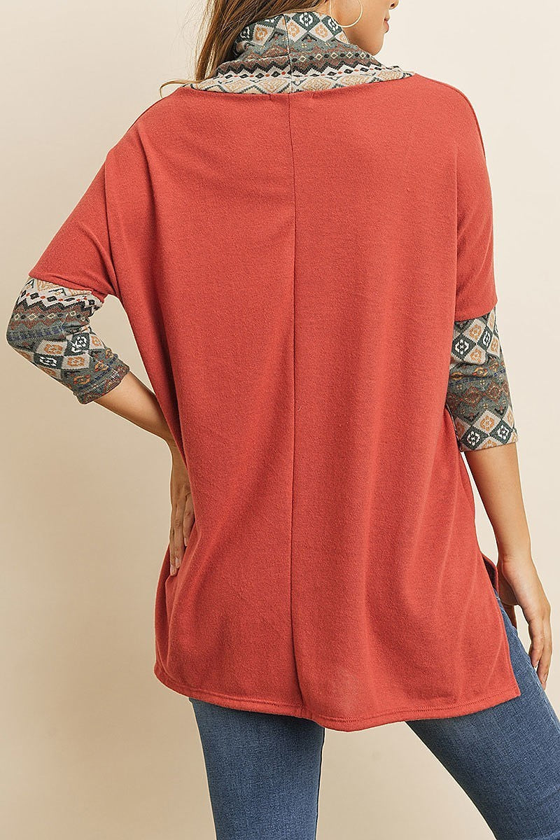 Quarter sleeve cowl neck contrast top (ED8091-1)