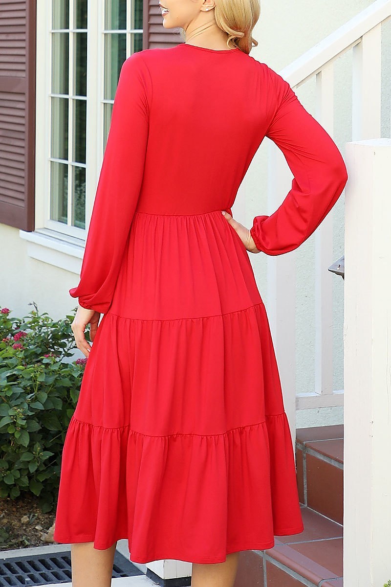 Solid long sleeve elastic waist tiered dress (DED8893-1)